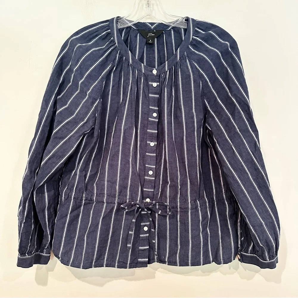 J. Crew Tie Waist Linen Blend Striped Gauze Top Blouse Women's‎ 8 Navy Casual